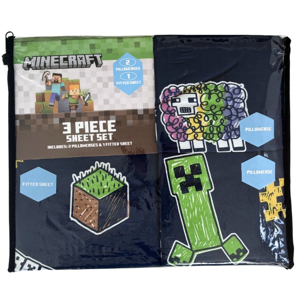 NEW Minecraft TWIN Fitted Sheet & Pillowcase Set - 3 Piece
